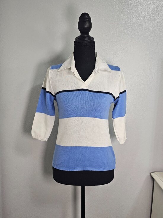 Pink Soda Retro Striped Knit Top Blue White Y2K Preppy Polo Collar 3/4 Sleeve - Picture 2 of 6